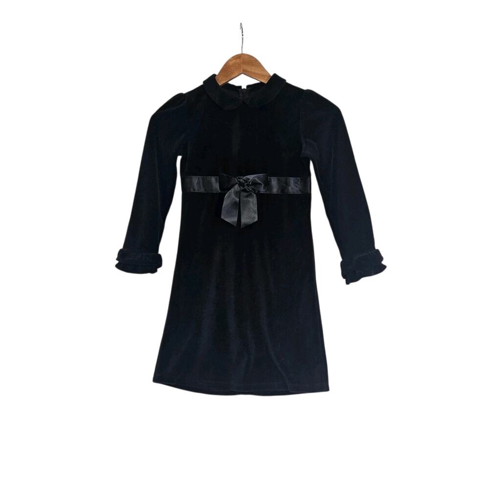 Talbots Kids Black Velvet Long Sleeve Collared Bow Detail Holiday Dress Size 7